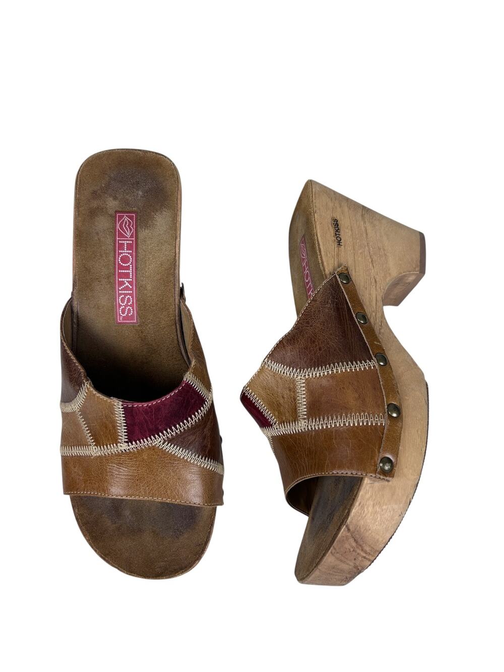 Hot Kiss 1995 Y2K Leather Patchwork Wooden Heeled Clog Open Toe Wedge Heels 7